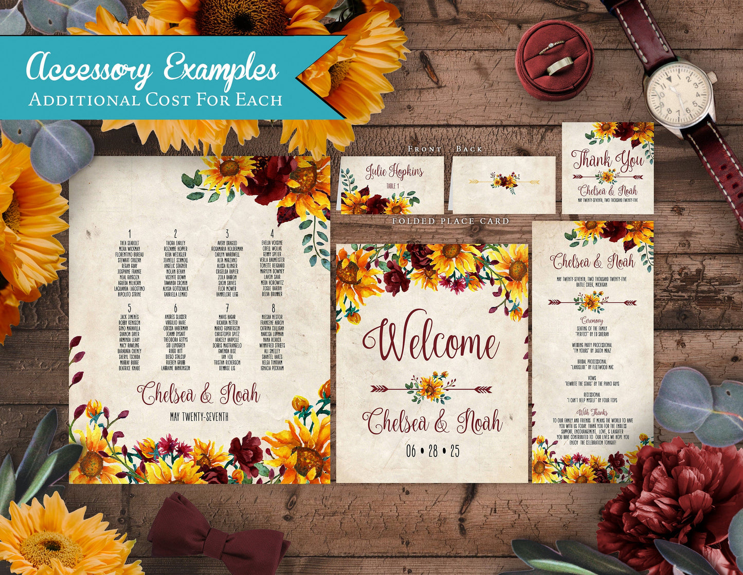 Rustic Sunflower Wedding Invitation – Parchment, Burgundy Roses & Floral Arrow – Personalized Calligraphy Printed Invitations with Envelopes
