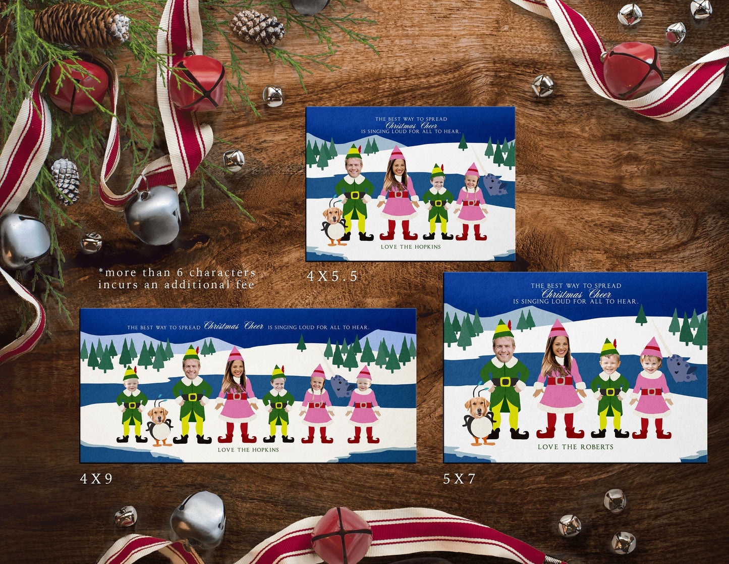 Funny Buddy The Elf Christmas Photo Card – Personalized Narwhal & Penguin Family Card – Custom Text, Printed with Envelopes & Return Address Labels