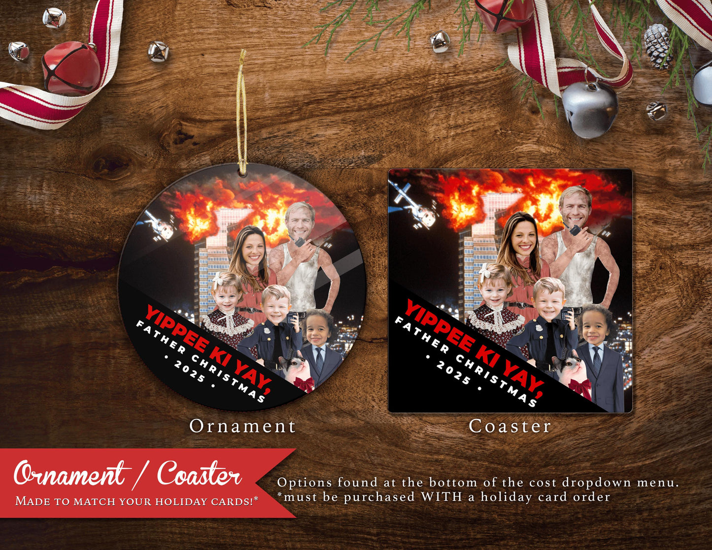 Funny Die Hard Christmas Photo Card – Personalized Yippee Ki Yay Family Holiday Card with Custom Text, Envelopes & Return Address Labels