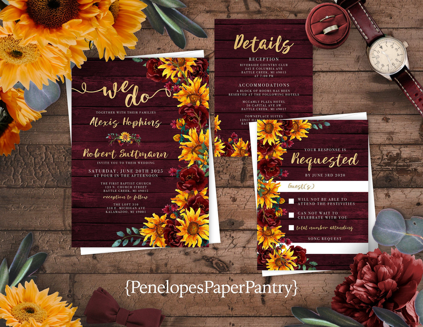 Rustic Sunflower Fall Wedding Invitation – Barn Wood, Burgundy Roses & Gold Calligraphy – Personalized Shimmery Printed Invitations with Envelopes