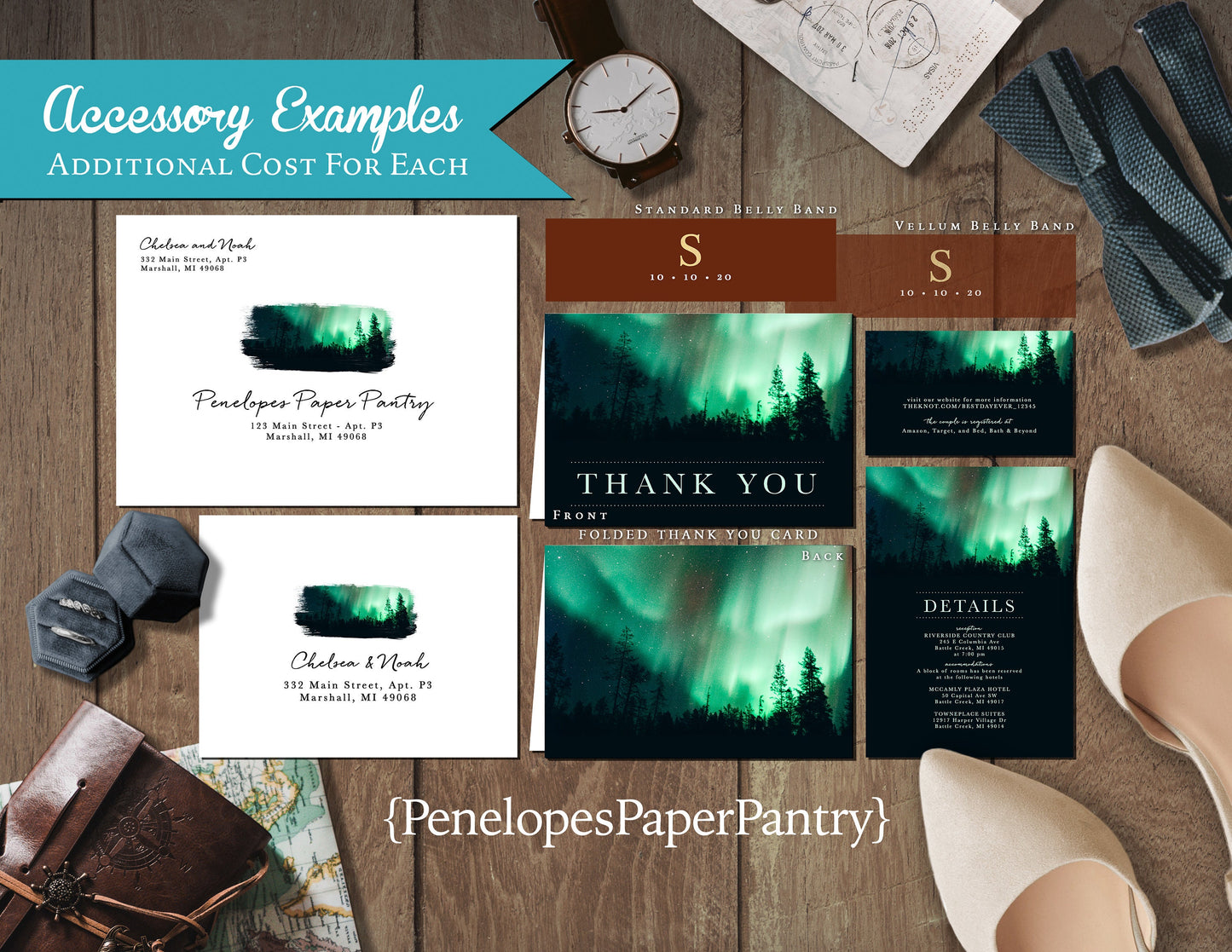 Unique Northern Lights Wedding Invitation Personalized Emerald Green Starry Sky Shimmery Printed Invitations Envelopes Included Custom Text