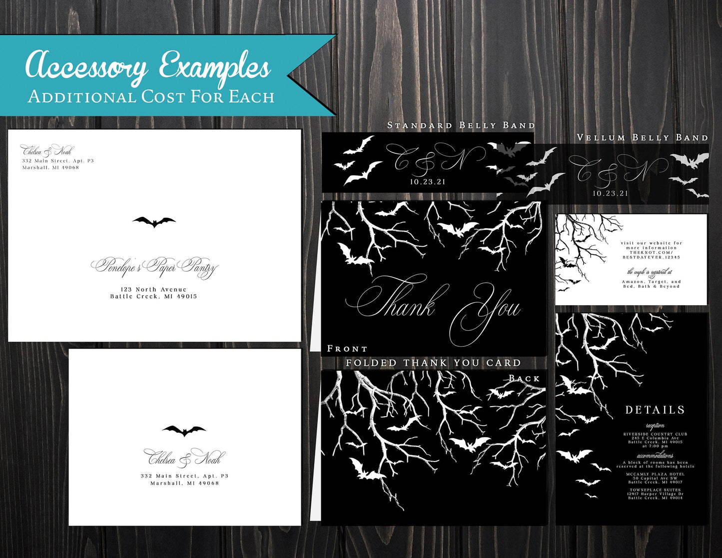 Personalized Halloween Wedding Invitation – Gothic Haunted Forest Design with Bats & Envelopes
