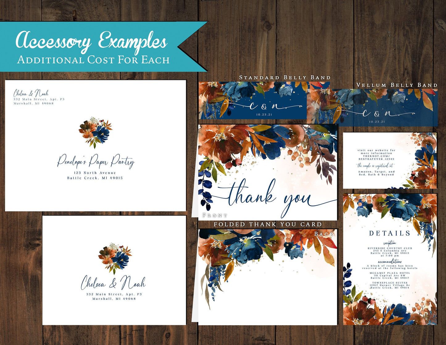 Elegant Fall Wedding Invitation – Dark Turquoise & Burnt Orange – Fall In Love Script, Personalized Printed Card with Envelopes