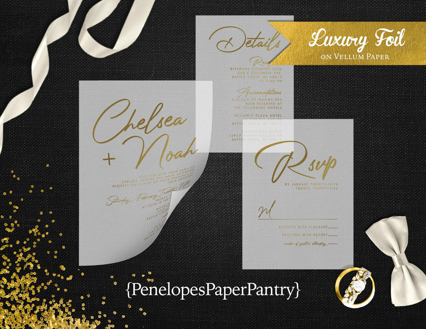 Vellum Typography with Gold Foil Wedding Invitaiton, Set, or Suite