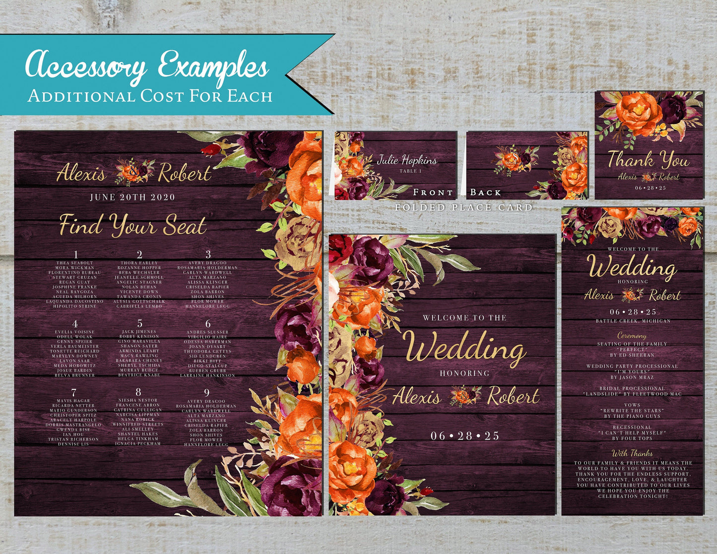 Rustic Purple & Orange Fall Wedding Invitation – Barn Wood, Burnt Orange Roses & Gold Print – Personalized Shimmery Printed Invitations with Envelopes