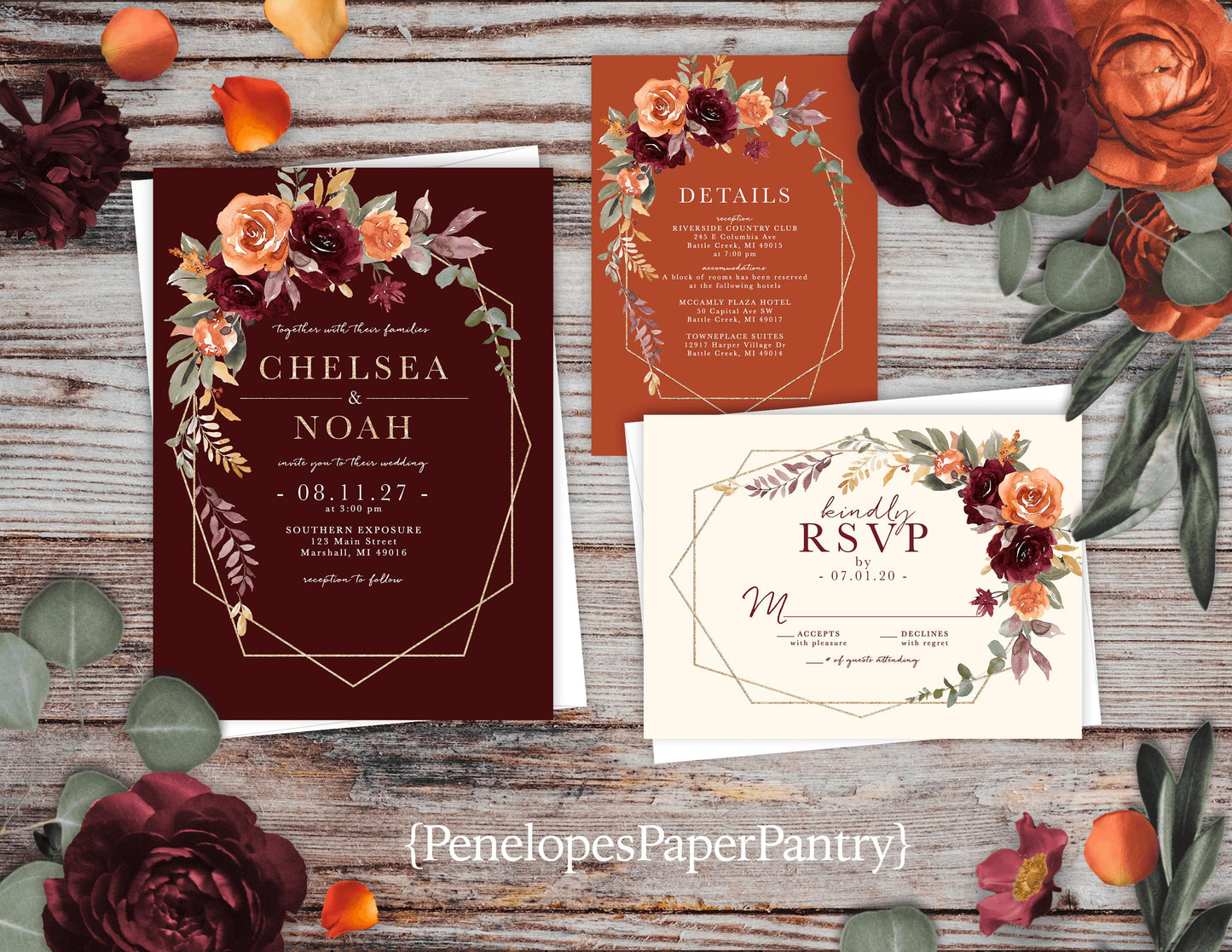 Elegant Burgundy Floral Wedding Invitation – Fall Personalized Burnt Orange & Gold Geometric Design – Shimmery Printed with Envelopes