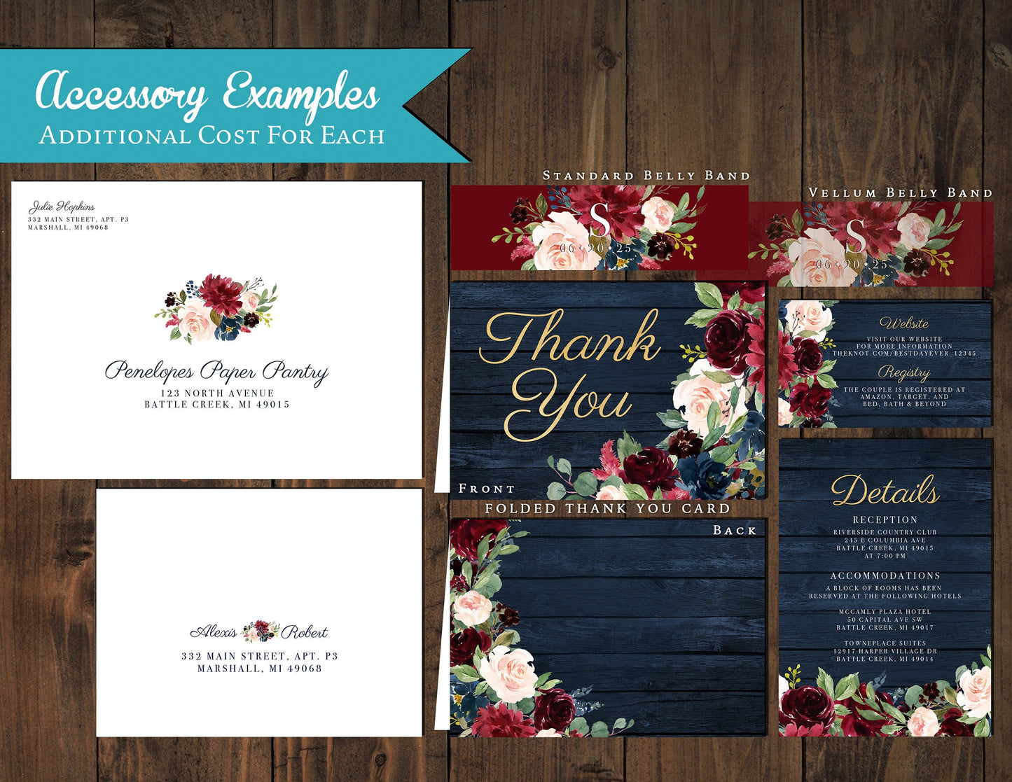 Rustic Navy Floral Fall Wedding Invitation – Barn Wood, Burgundy & Blush Florals, Gold Calligraphy – Personalized Shimmery Printed Invitations with Envelopes