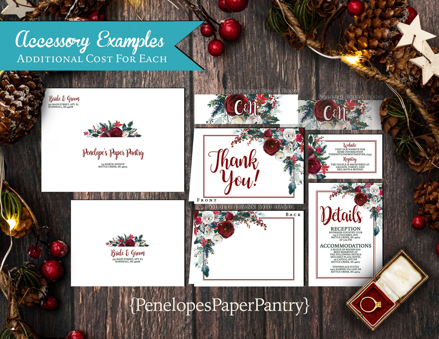 Elegant Christmas Wedding Invitation – Red & Green Floral – Shimmery Holiday Printed Invite with Calligraphy & Envelope