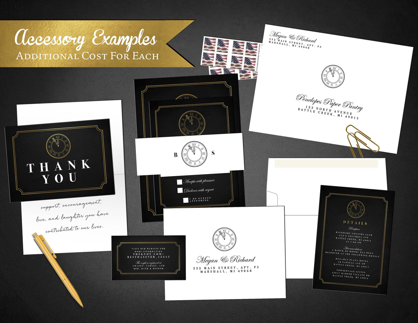 Elegant New Year’s Eve Wedding Invitation – Black & Gold Clock – Gold Foil Printed Invite with Envelopes Included