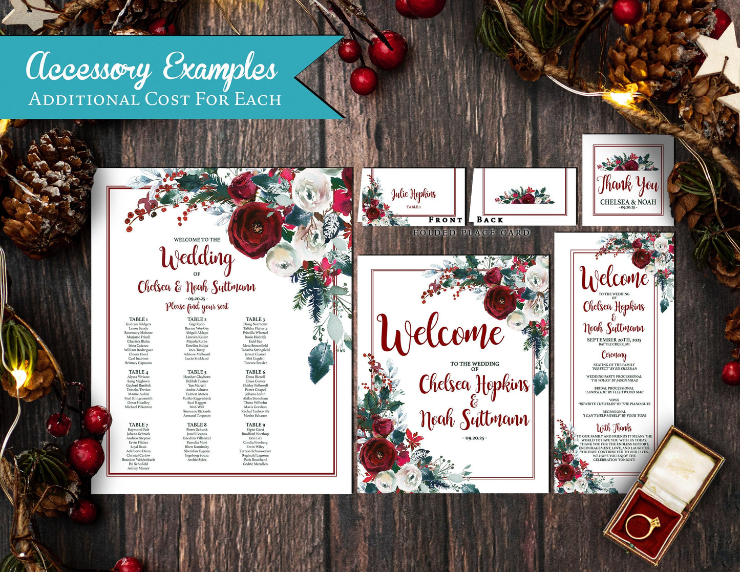 Elegant Christmas Wedding Invitation – Red & Green Floral – Shimmery Holiday Printed Invite with Calligraphy & Envelope