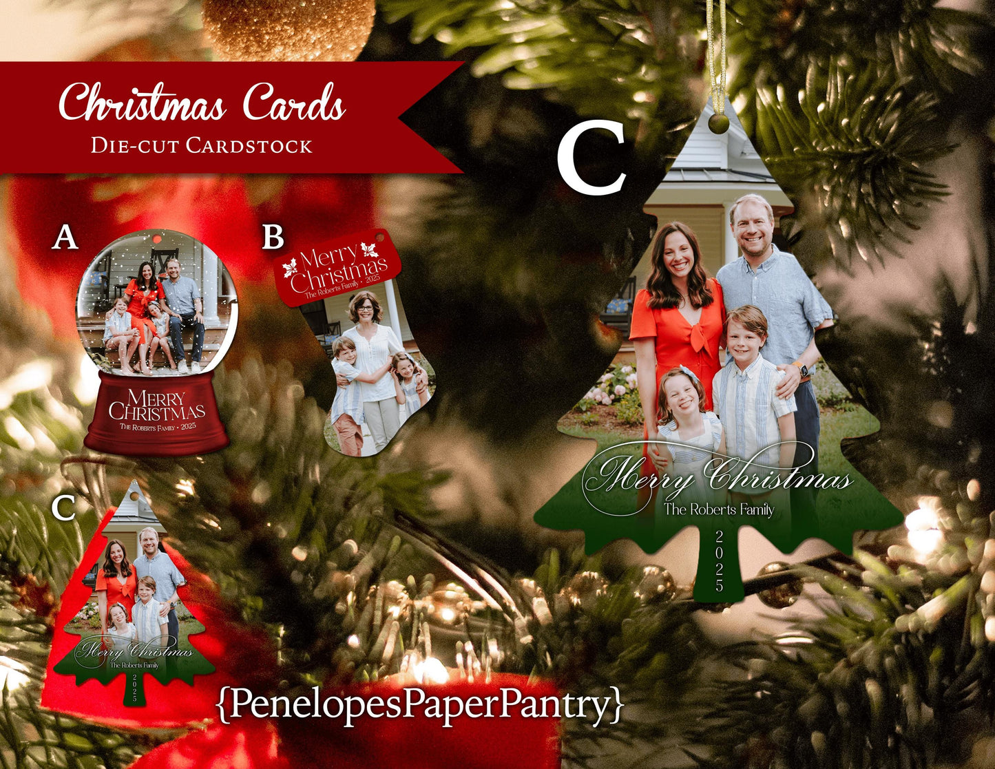 Unique Die Cut Christmas Photo Card Ornament | Personalized Holiday Keepsake with Envelopes