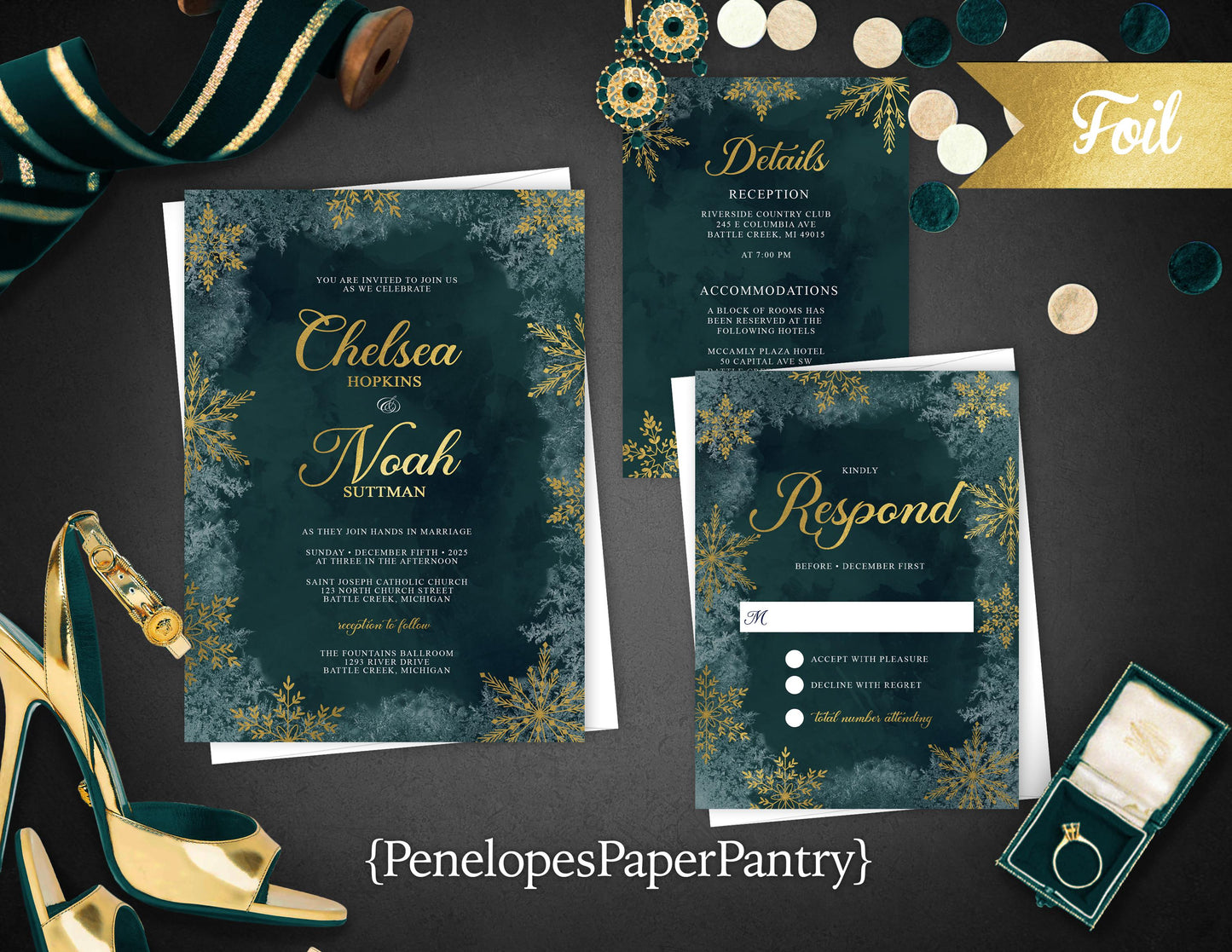 Elegant Winter Wedding Invitation – Dark Green & Gold Foil Snowflakes – Personalized Printed Invite with Envelopes Included