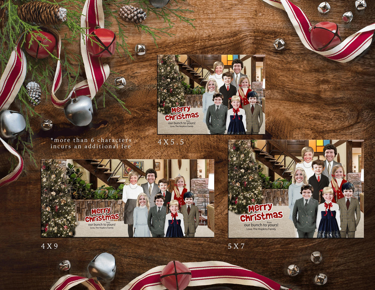 Funny Brady Bunch Christmas Photo Card – Personalized Mike, Carol & Kids Living Room Design – Custom Text, Printed with Envelope & Return Address Label
