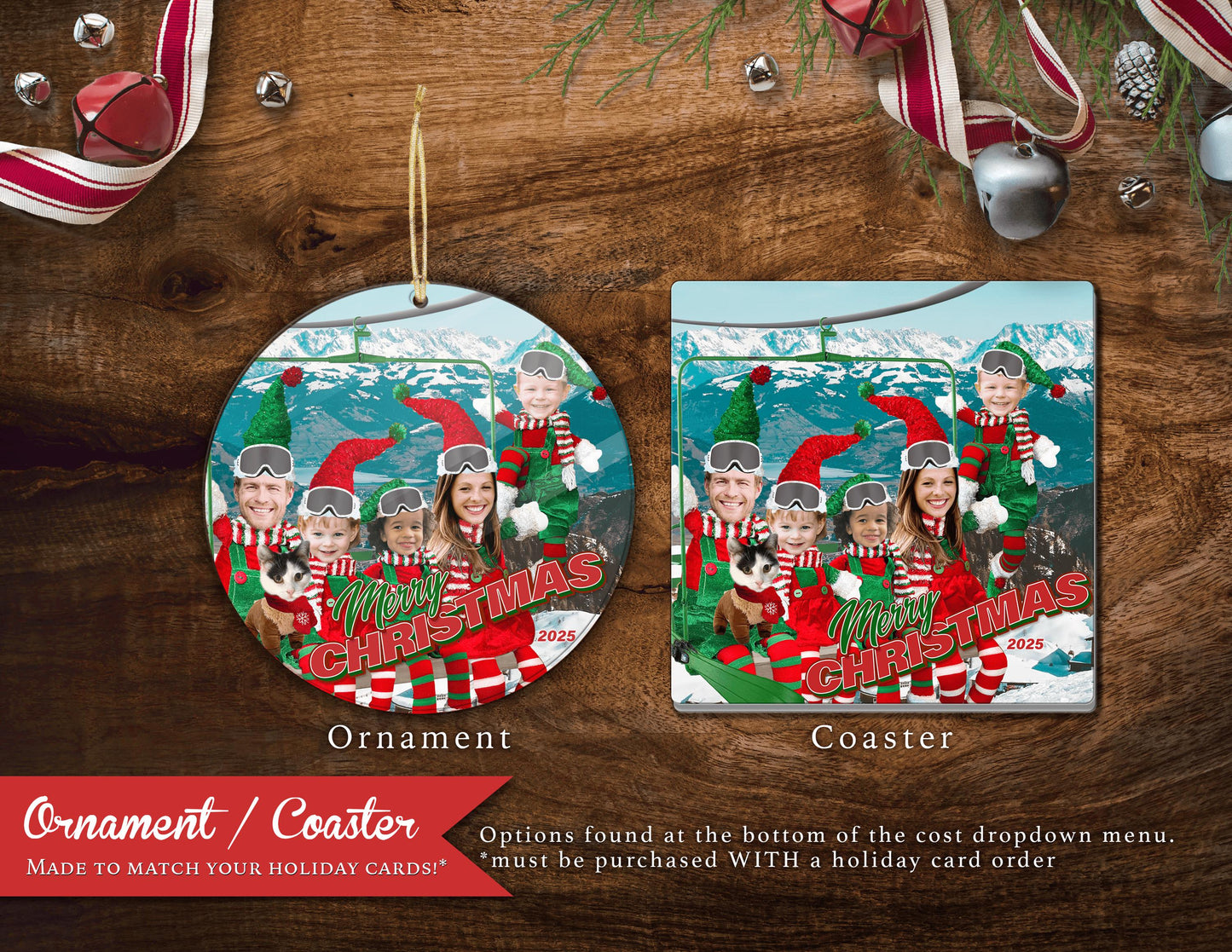 Funny Elves Skiing Christmas Photo Card – Personalized Family Holiday Card with Custom Text, Envelopes & Return Address Labels