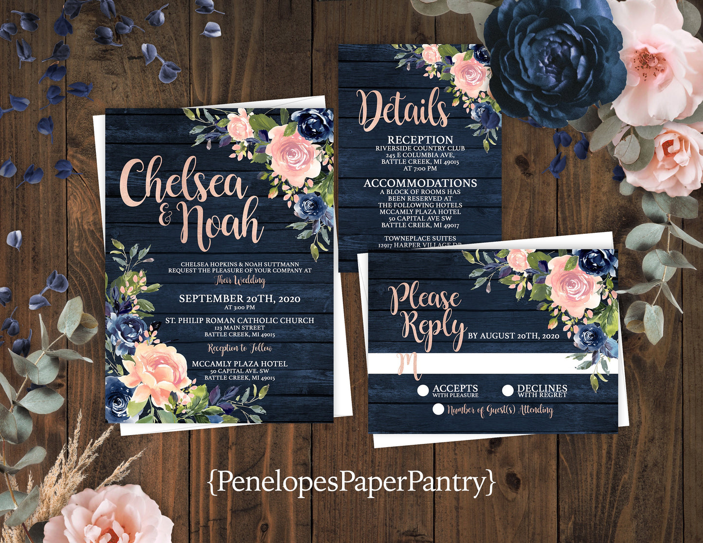 Rustic Navy and Pink Floral Summer Wedding Invitation Personalized Barn Wood Blush Roses Calligraphy Shimmery Printed Invitations Envelopes