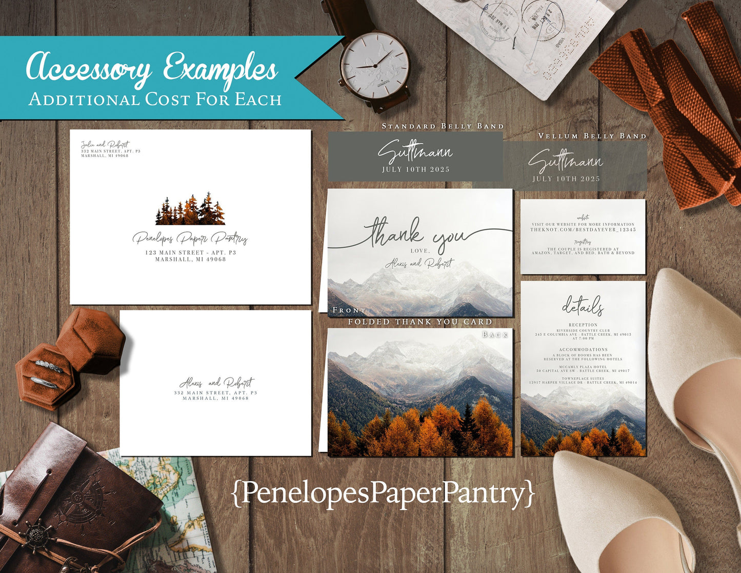 Romantic Fall Mountain Wedding Invitation – Personalized Burnt Orange Autumn Forest Design with Calligraphy – Printed with Envelopes Included
