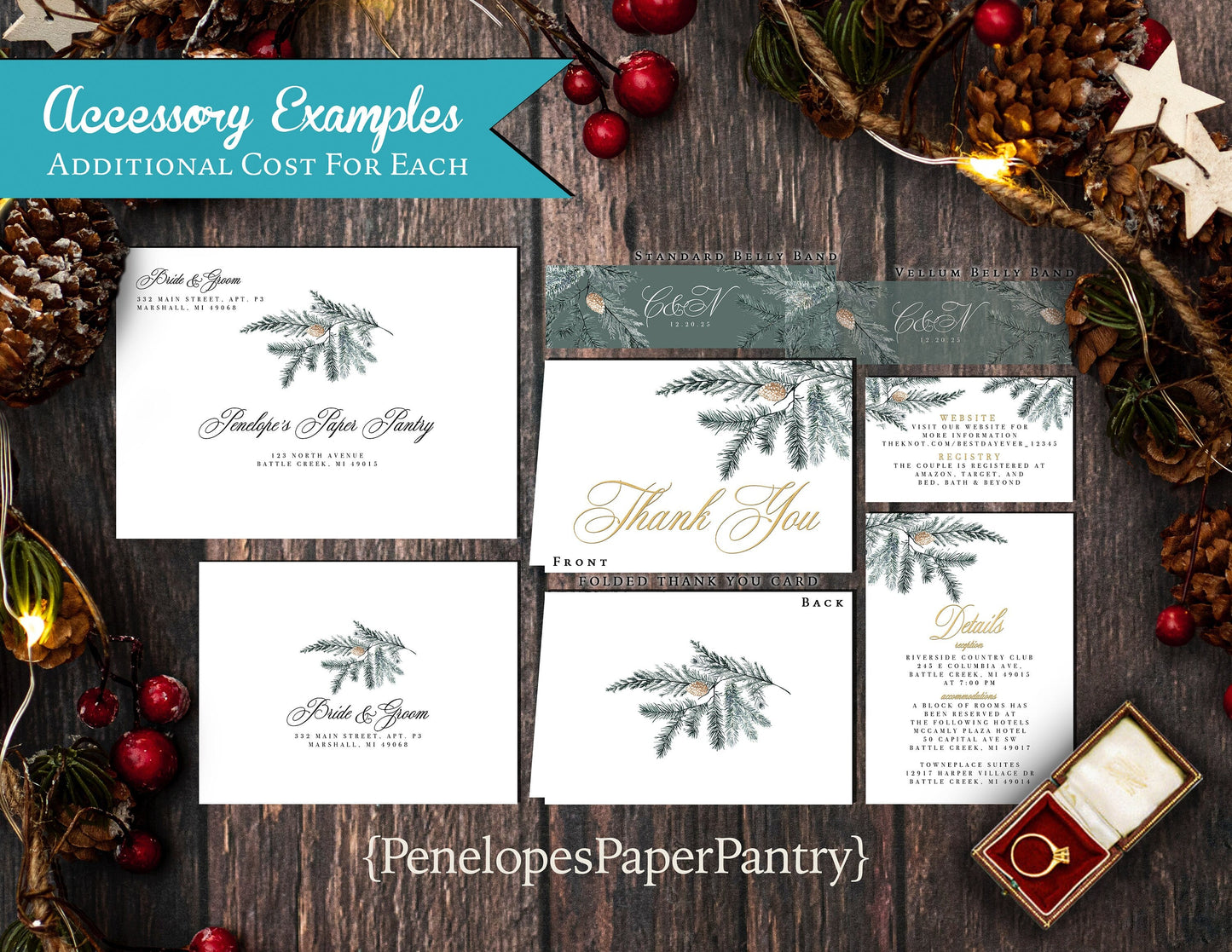 Elegant Winter Wedding Invitation – Evergreen Pine Cone Design, Gold Calligraphy, Shimmery Printed, Custom Text, Envelopes Included