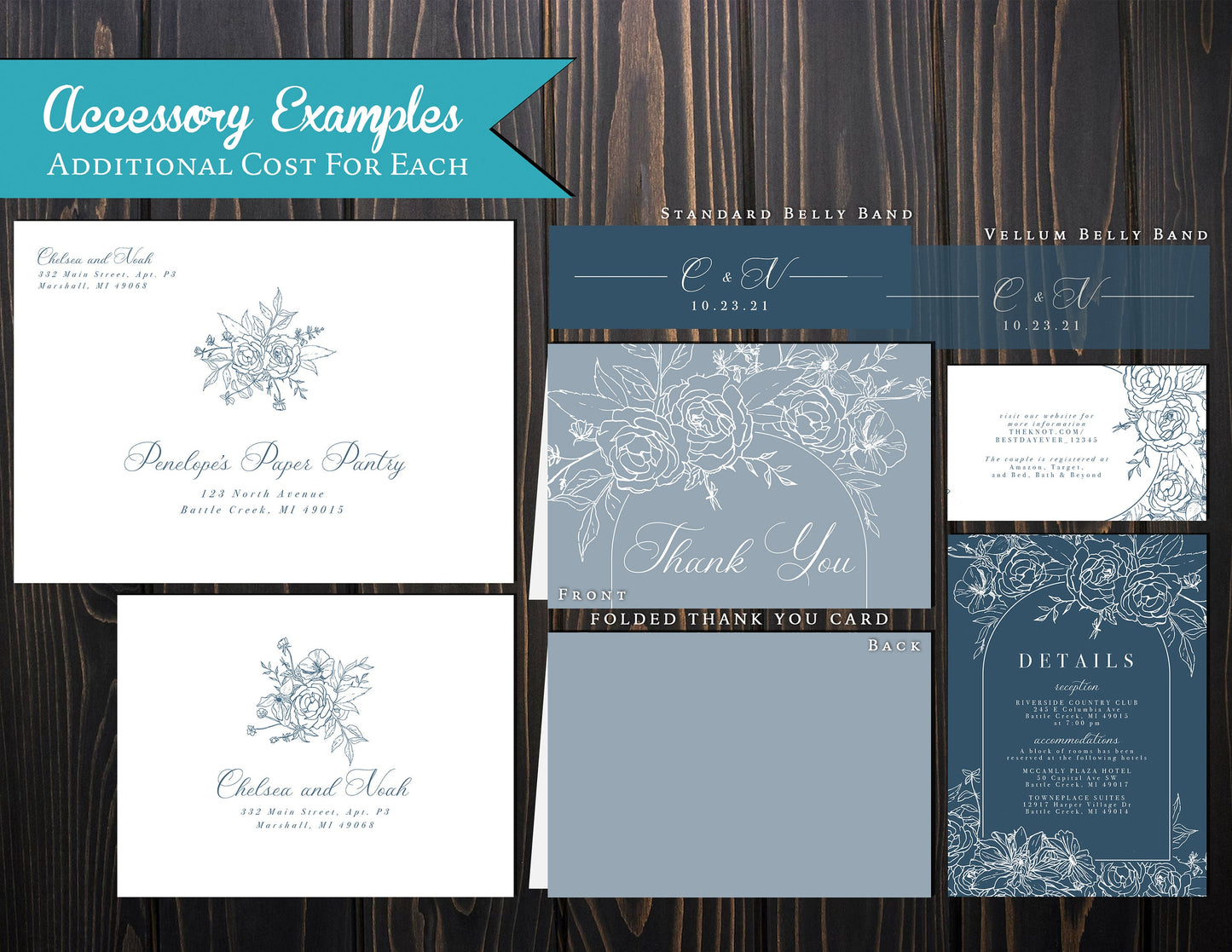 Elegant Dusty Blue Summer Wedding Invitation Personalized Baby Blue Powder Blue Floral Silhouettes Printed Invitations Envelopes Included
