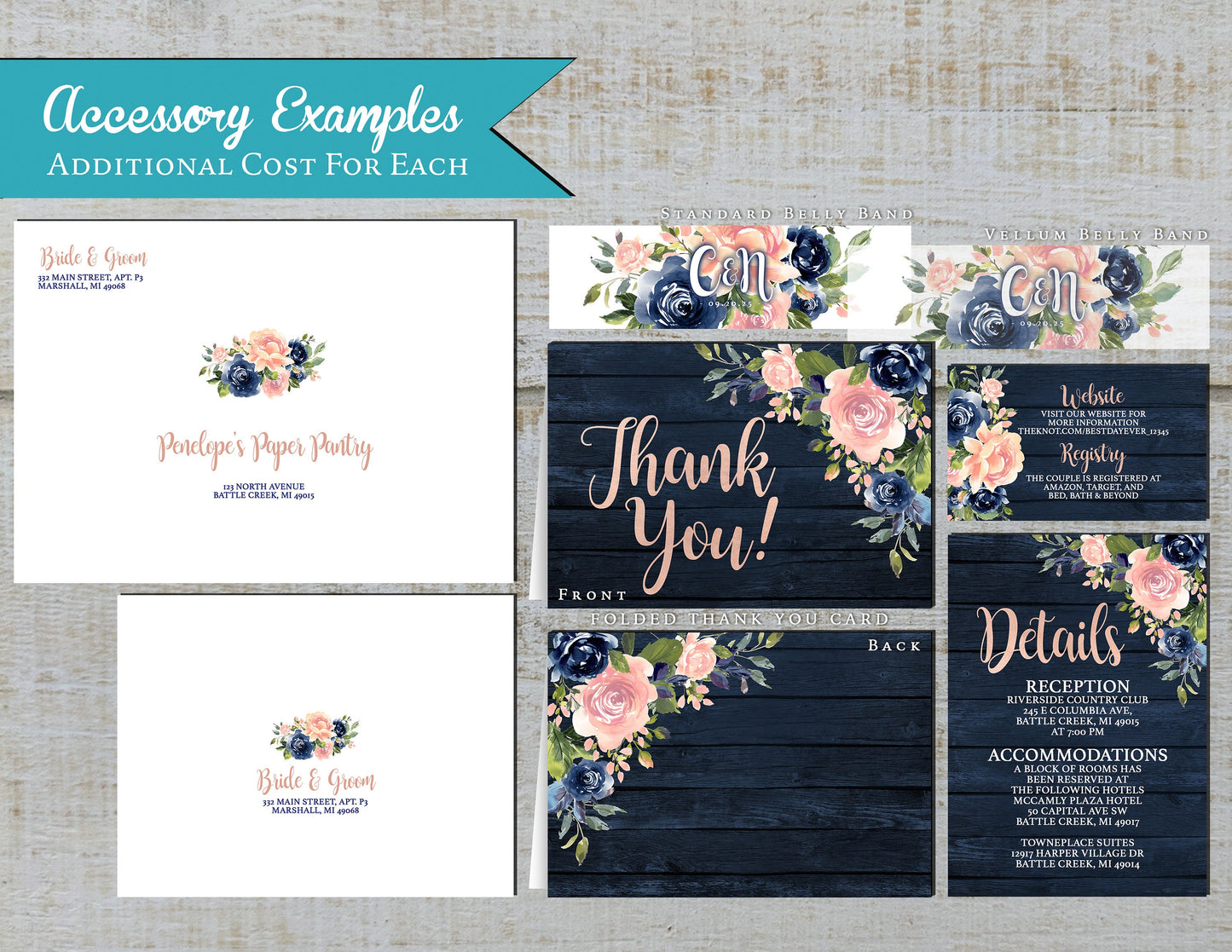 Rustic Navy and Pink Floral Summer Wedding Invitation Personalized Barn Wood Blush Roses Calligraphy Shimmery Printed Invitations Envelopes