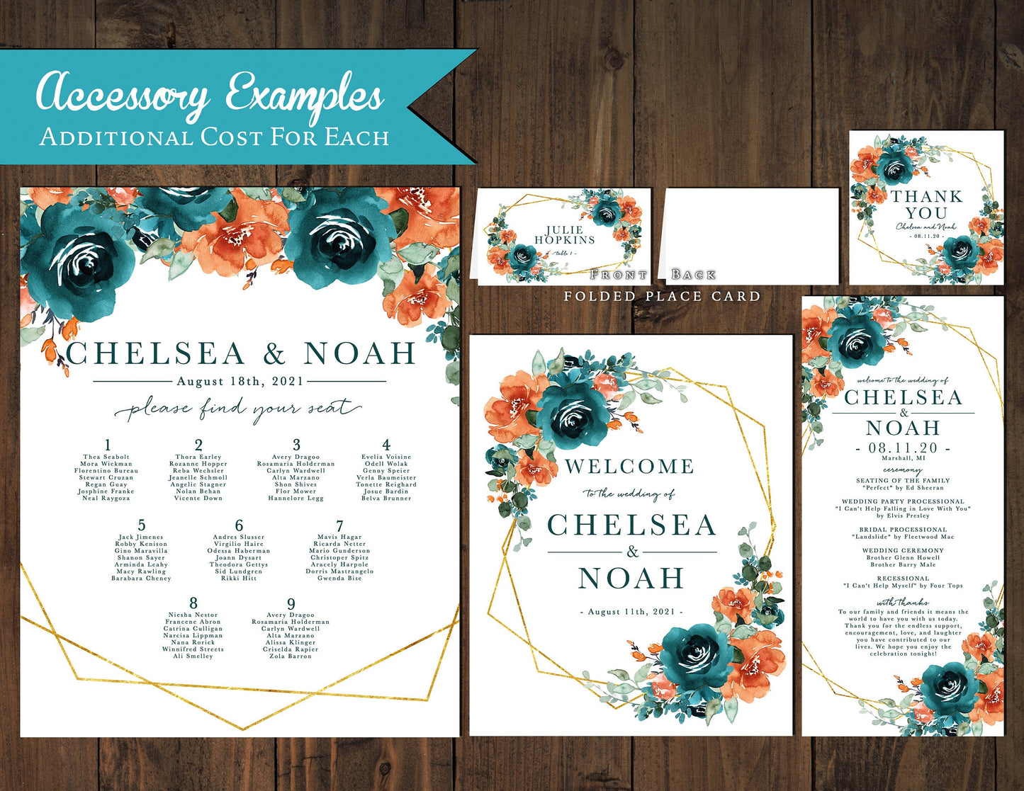Elegant Floral Fall Wedding Invitation – Teal, Orange & Gold – Geometric Frame Shimmery Invite with Envelopes