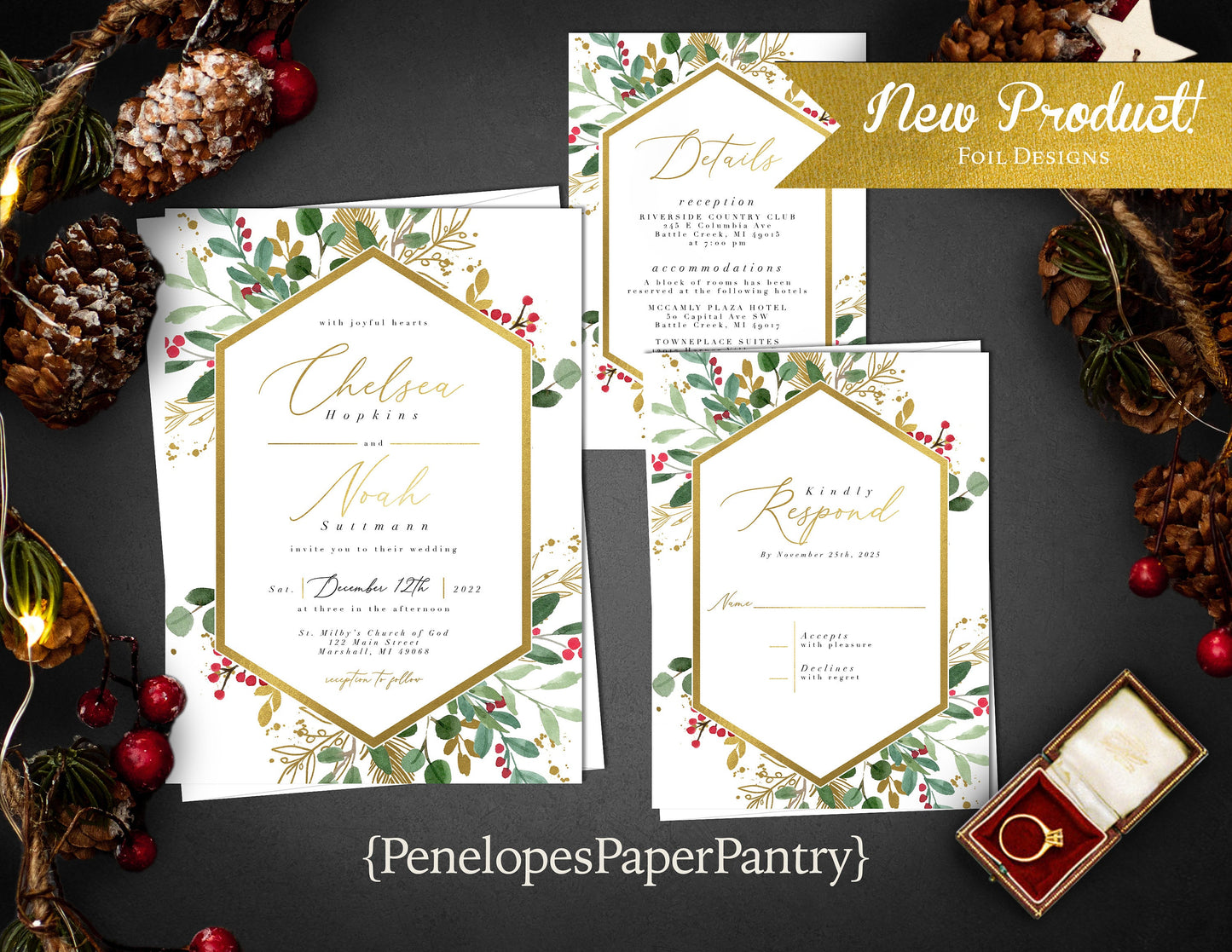 Elegant Winter Wedding Invitation – Mistletoe, Geometric Frame, Gold Foil Calligraphy, Custom Text Printed with Envelopes Included