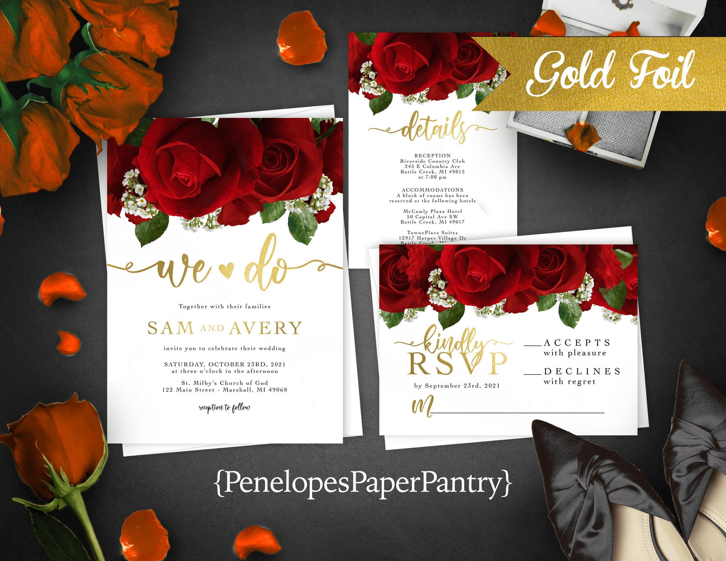 Romantic Red Rose Wedding Invitation – Red Roses, Gold Foil Calligraphy, Custom Printed with Envelopes Included