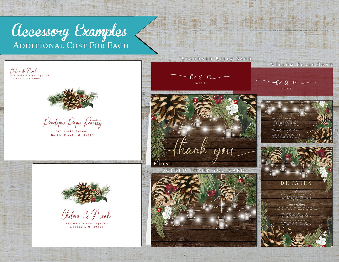 Rustic Winter Wedding Invitation – Barn Wood, Pine Cones, Mason Jar Lights, Shimmery Gold, Custom Printed with Envelopes Included