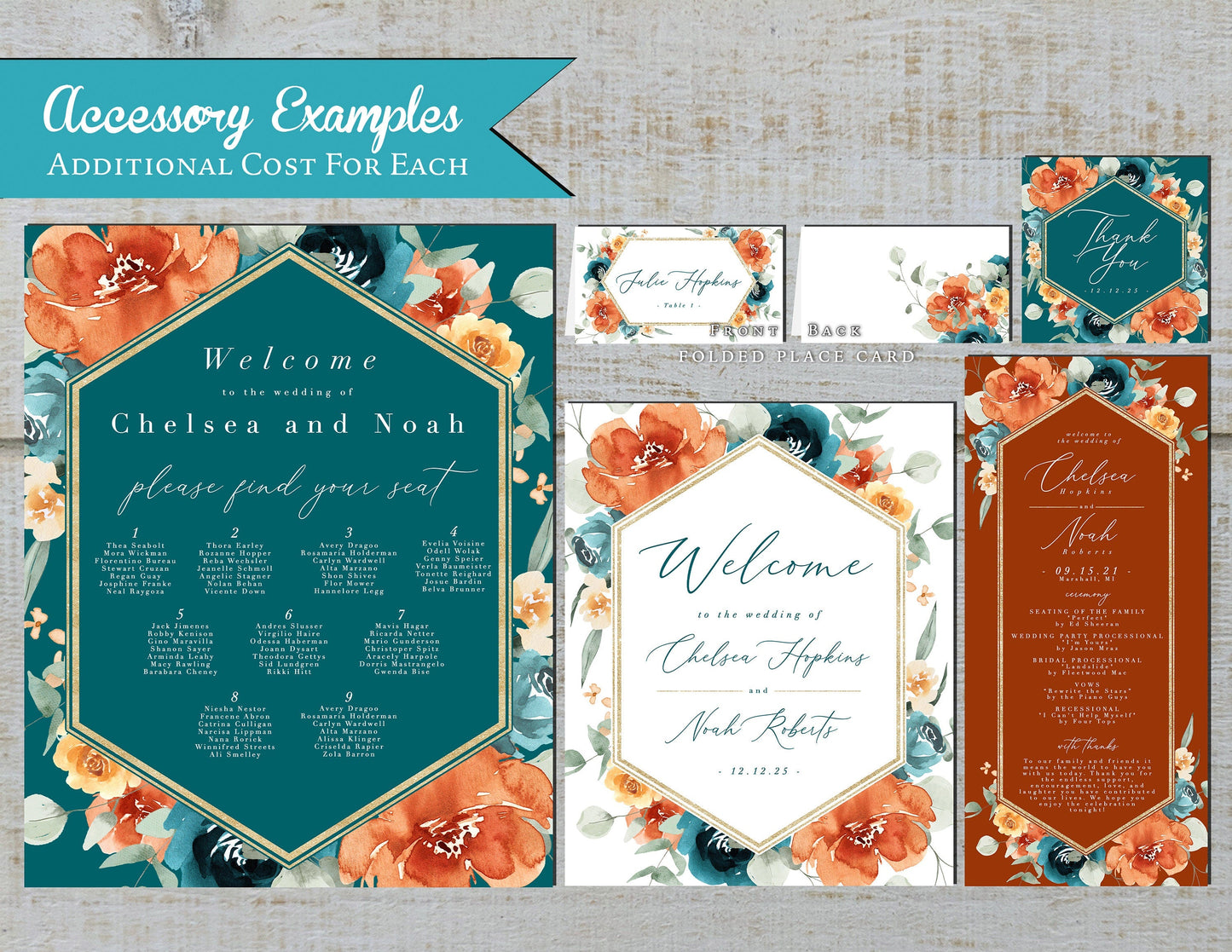 Teal Fall Wedding Invitation – Burnt Orange, Rust & Gold Frame – Personalized Shimmery Printed Invite with Envelopes Included
