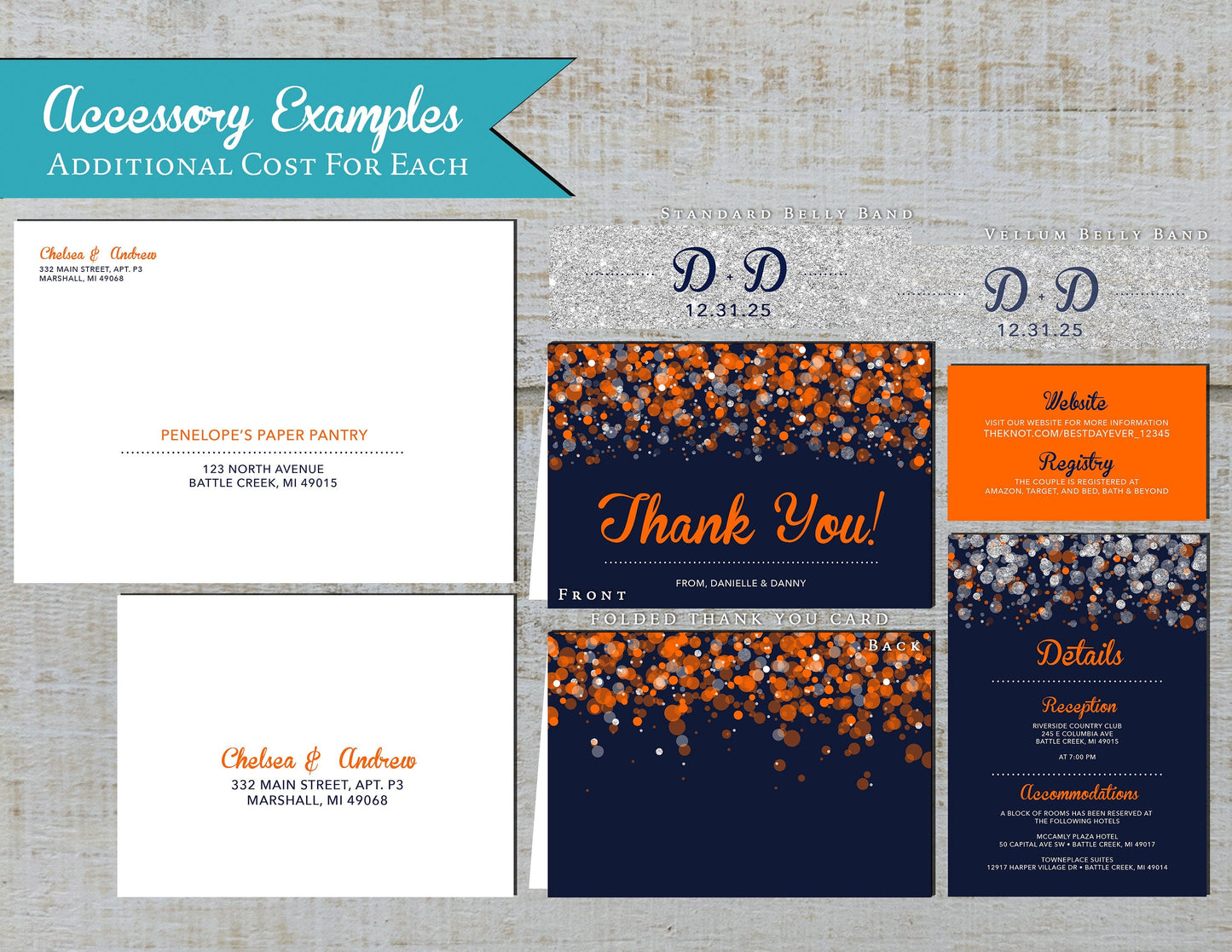 Orange Bokeh with Navy Blue Background Traditional Wedding Invitation, Sets, or Suite