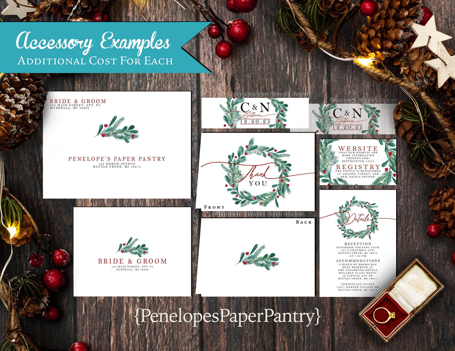 Romantic Christmas Wedding Invitation – Holiday Wreath, Green & Red Calligraphy, Shimmery Custom Printed with Envelopes Included