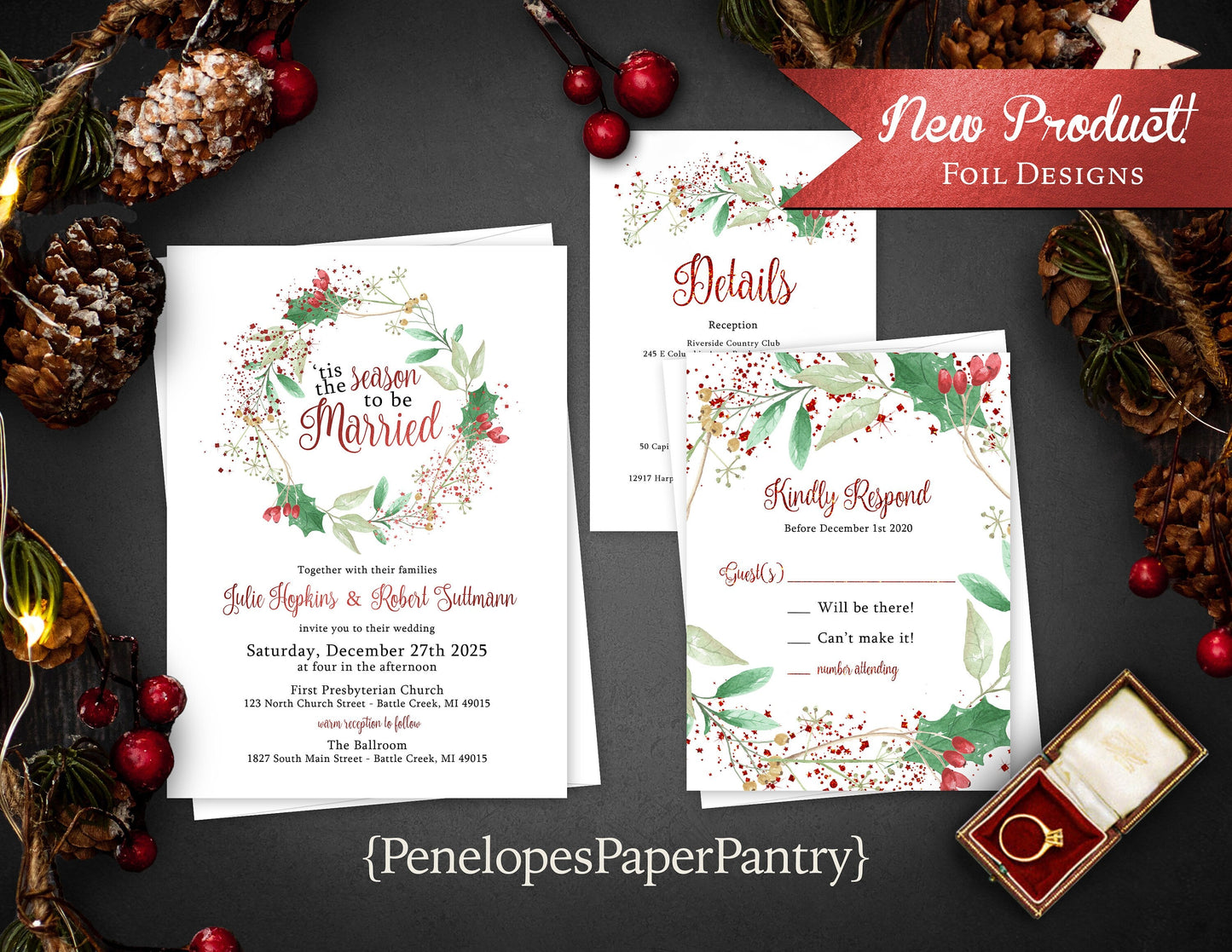 Whimsical Christmas Wedding Invitation – Tis The Season To Be Married, Green & Red Foil, Holly Wreath, Custom Printed with Envelopes Included