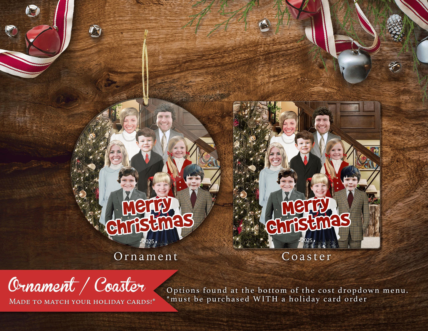 Funny Brady Bunch Christmas Photo Card – Personalized Mike, Carol & Kids Living Room Design – Custom Text, Printed with Envelope & Return Address Label