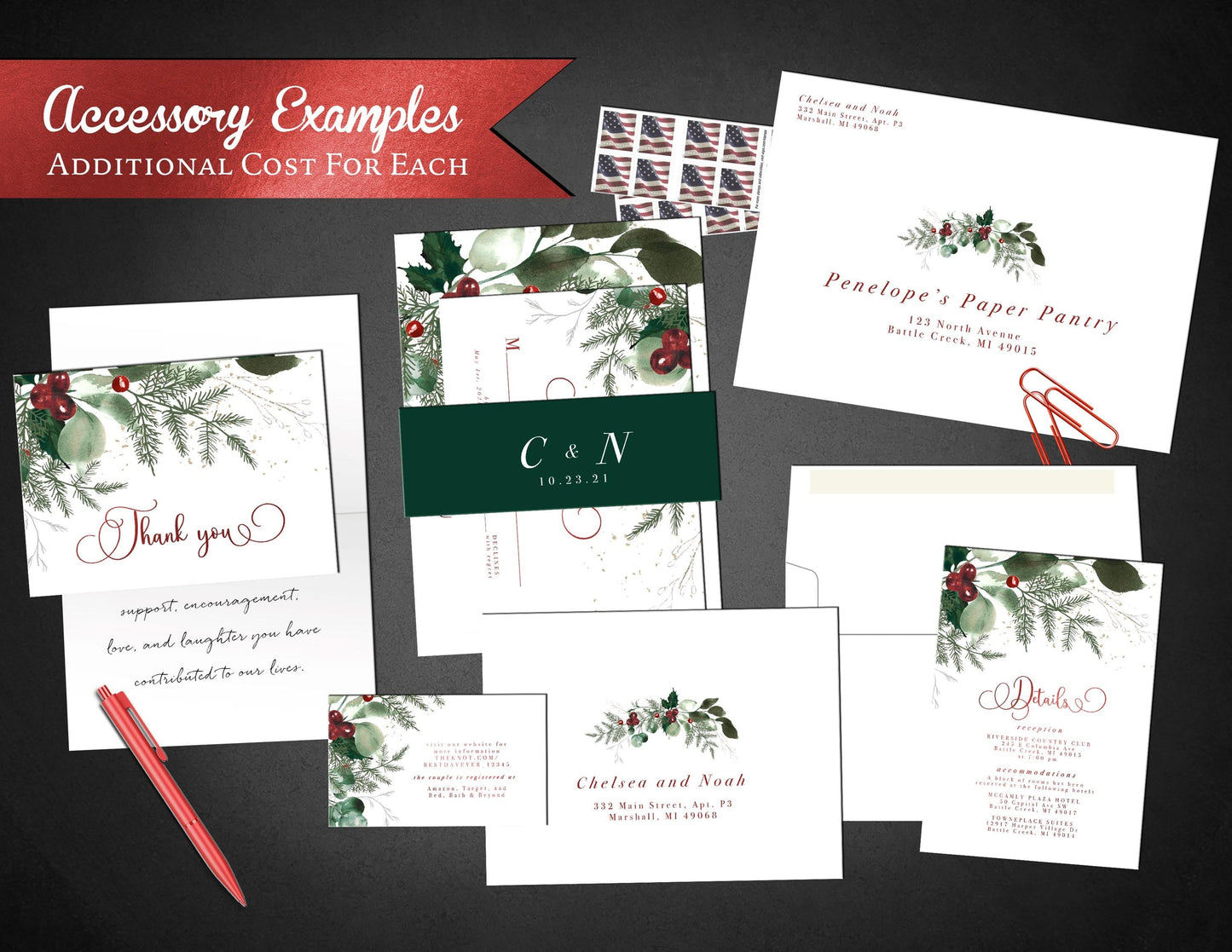 Simple Elegant Winter Wedding Invitation – Holly, Evergreens, Red Foil Calligraphy, Custom Printed with Envelopes Included