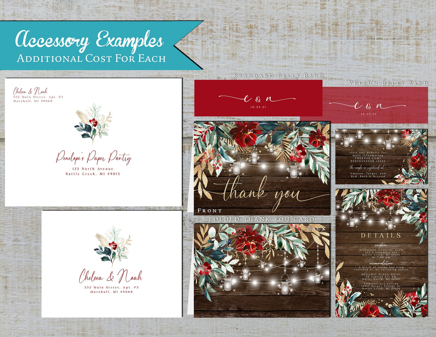Rustic Winter Wedding Invitation – Barn Wood, Green & Red, Fairy Lights, Gold Print, Custom Printed with Envelopes Included