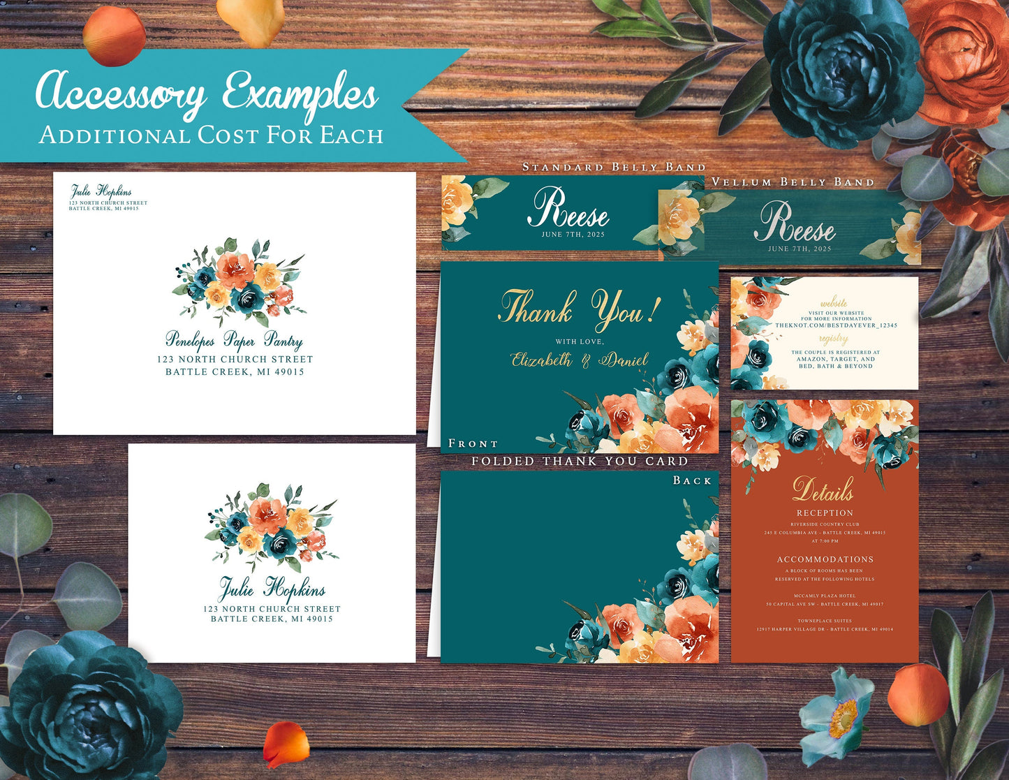 Teal Fall Wedding Invitation – Orange, Turquoise & Gold – Personalized Shimmery Floral Printed Invite with Envelopes Included