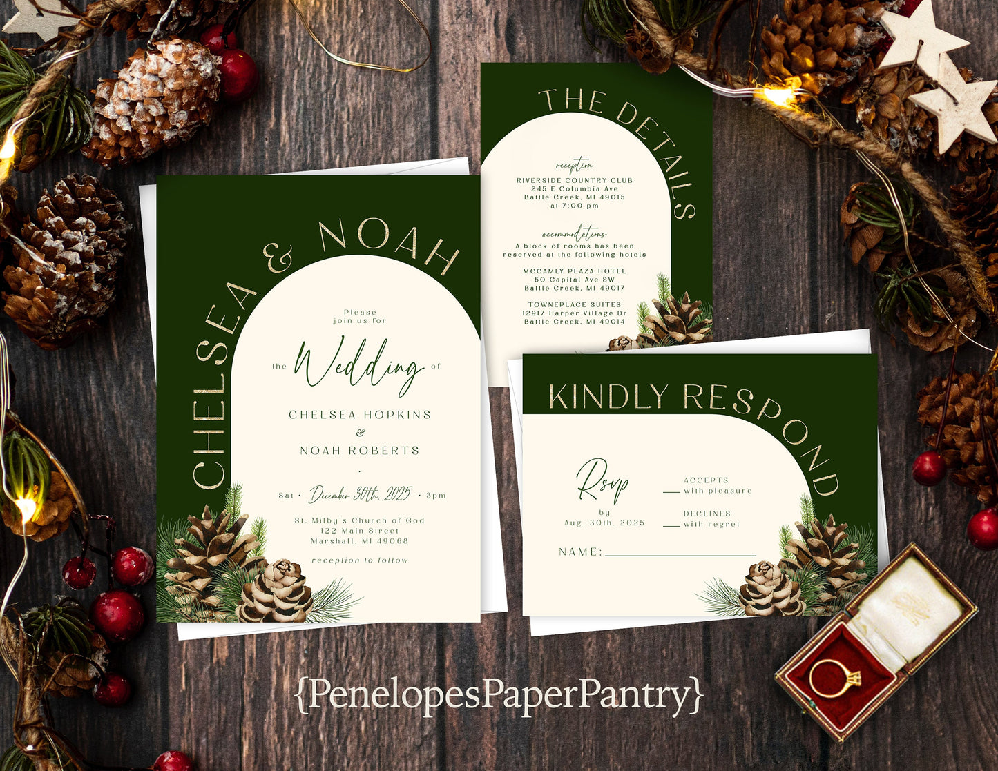 Elegant Winter Wedding Invitation – Arch Design, Dark Green & Gold – Pine Cones, Ivory, Personalized Shimmery Printed Invite with Envelopes