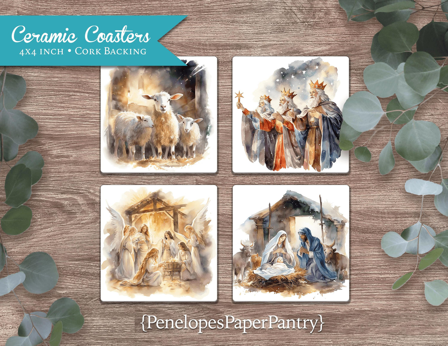 Nativity Set of 4 Ceramic Coasters with Cork Back