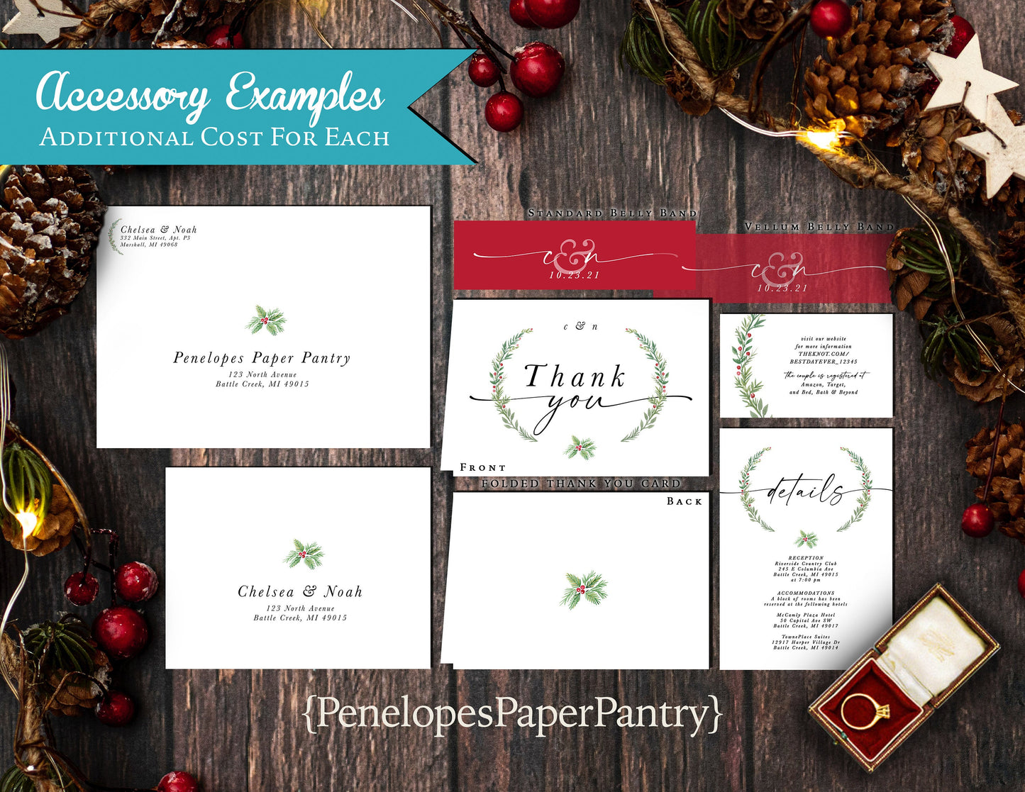Chic Winter Wedding Invitation – ’Tis the Season to Be Married – Pine Laurels & Calligraphy Printed Invite with Envelopes