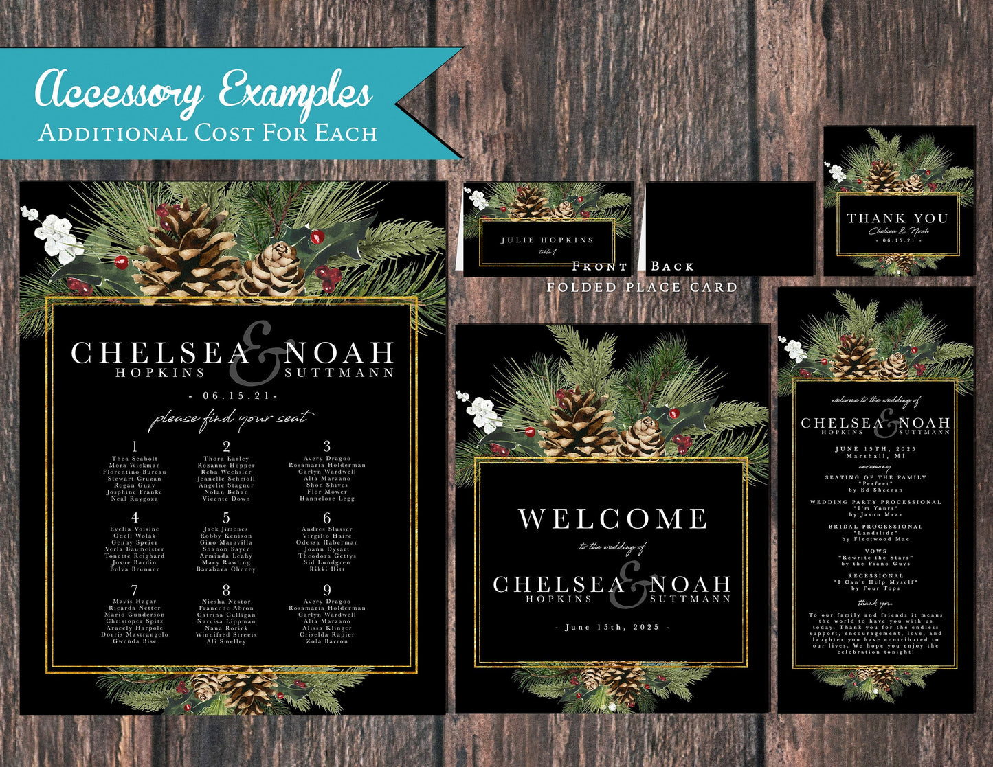 Elegant Rustic Winter Wedding Invitation – Pine Branches & Gold – Shimmery Black Custom Printed Invite with Envelopes