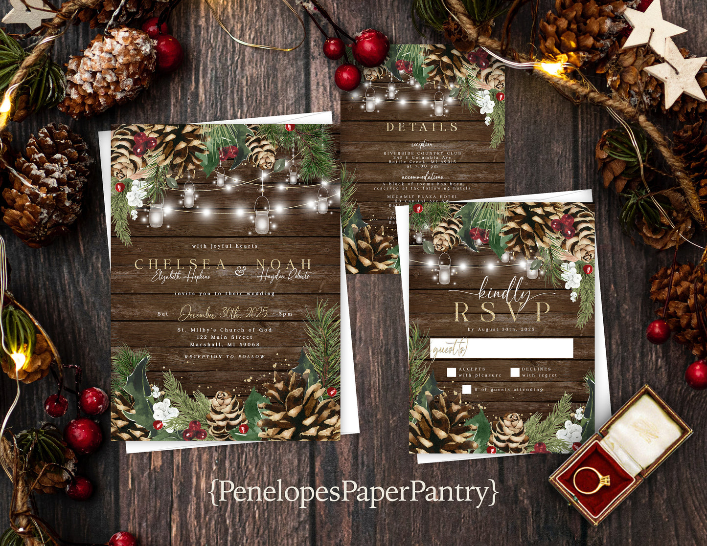 Rustic Winter Wedding Invitation – Barn Wood, Pine Cones, Mason Jar Lights, Shimmery Gold, Custom Printed with Envelopes Included