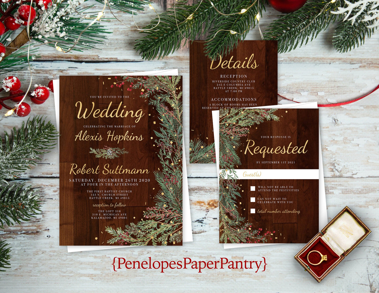 Elegant Rustic Winter Wedding Invitation – Barn Wood & Pine Branches – Gold Print Shimmery Custom Invite with Envelopes Included