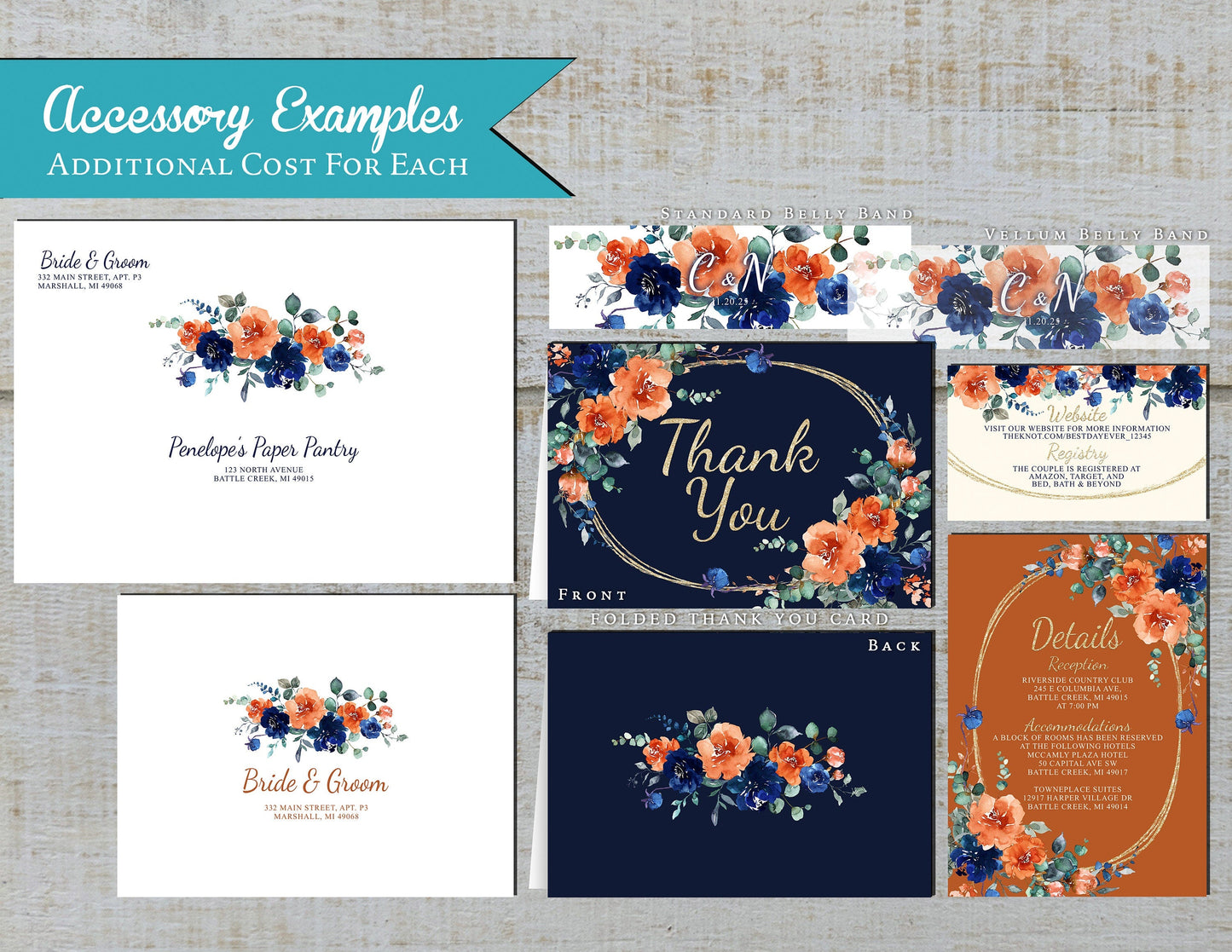 Rustic Navy Floral Fall Wedding Invitation – Burnt Orange & Gold Oval Frame – Personalized Shimmery Printed Invite with Envelope Included