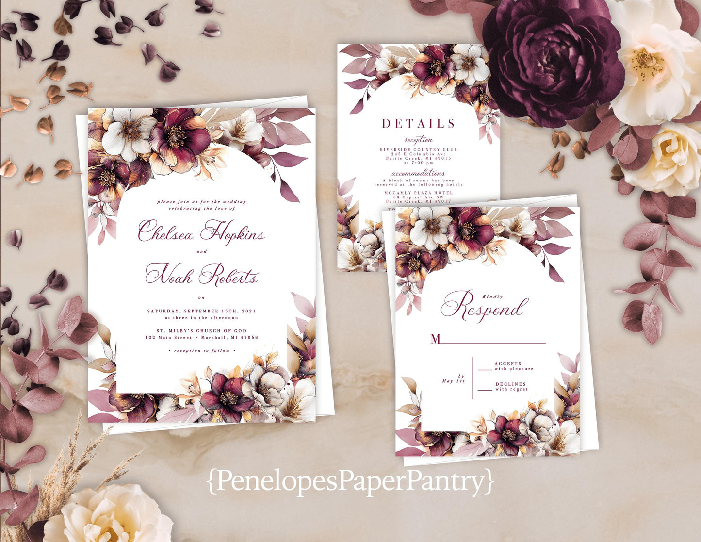 Elegant Burgundy Floral Fall Wedding Invitation Personalized Deep Red Dusty Rose Calligraphy Printed Invitations Envelopes Included Romantic