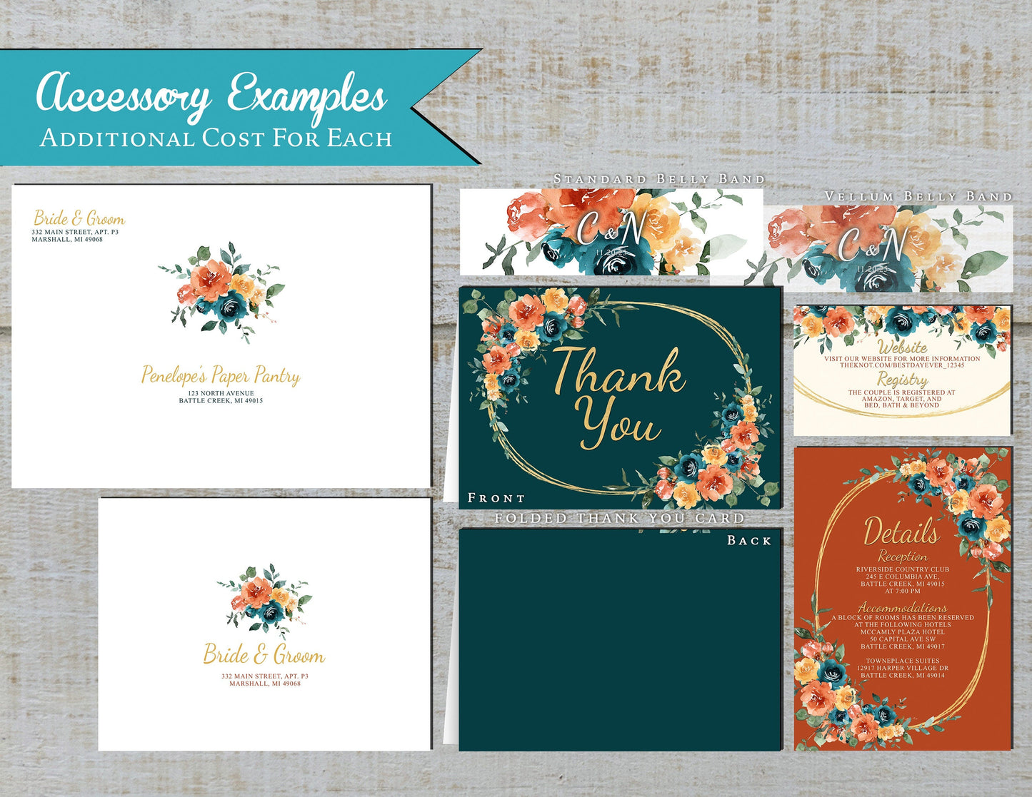 Teal Fall Wedding Invitation – Burnt Orange Ivory Florals & Gold Frame – Personalized Shimmery Printed Invite with Envelopes Included