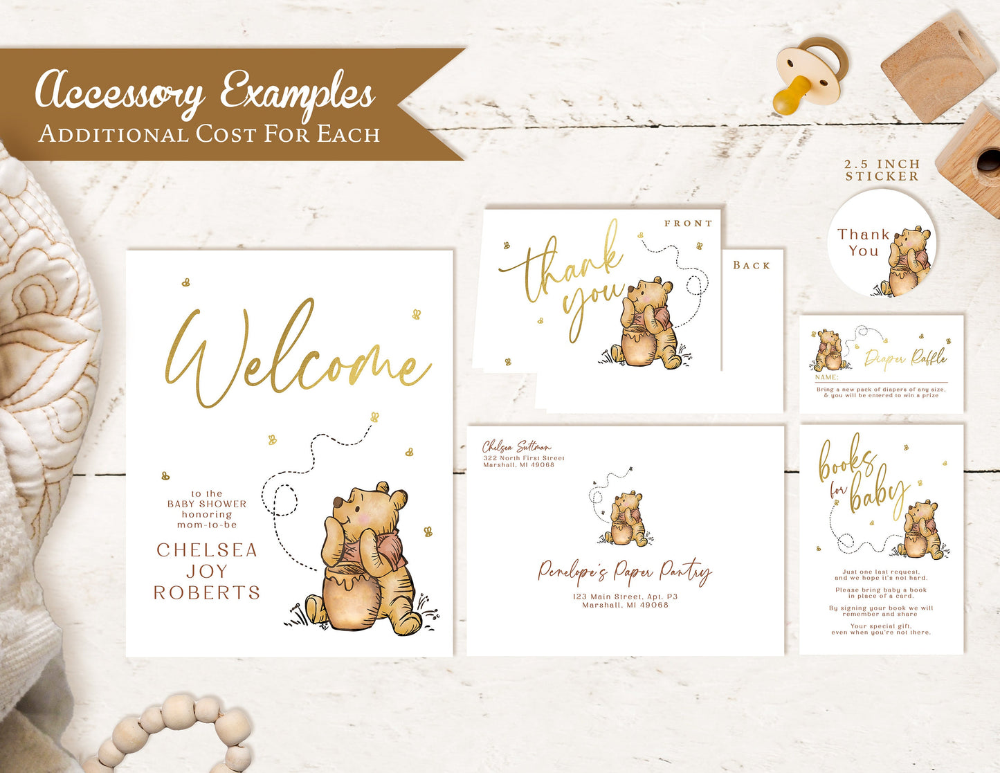 Winnie the Pooh Baby Shower Invitation – Gender Neutral Gold Foil Printed Invite with Pooh Bear, Honey Pot & Bees – Personalized Card with Envelope