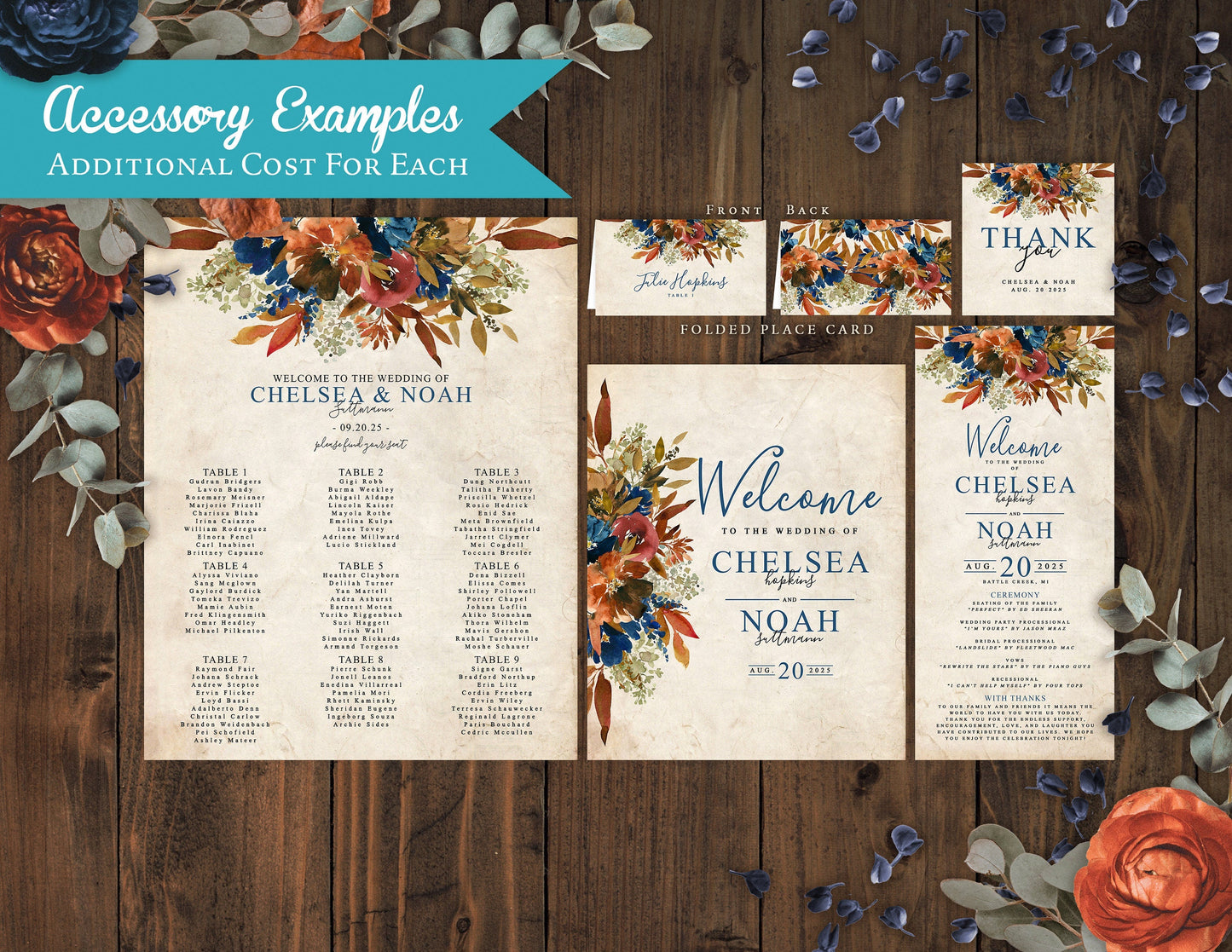 Rustic Fall Wedding Invitation – Turquoise & Burnt Orange Florals, Parchment Background – Personalized Printed Invitations with Envelopes & Optional RSVP