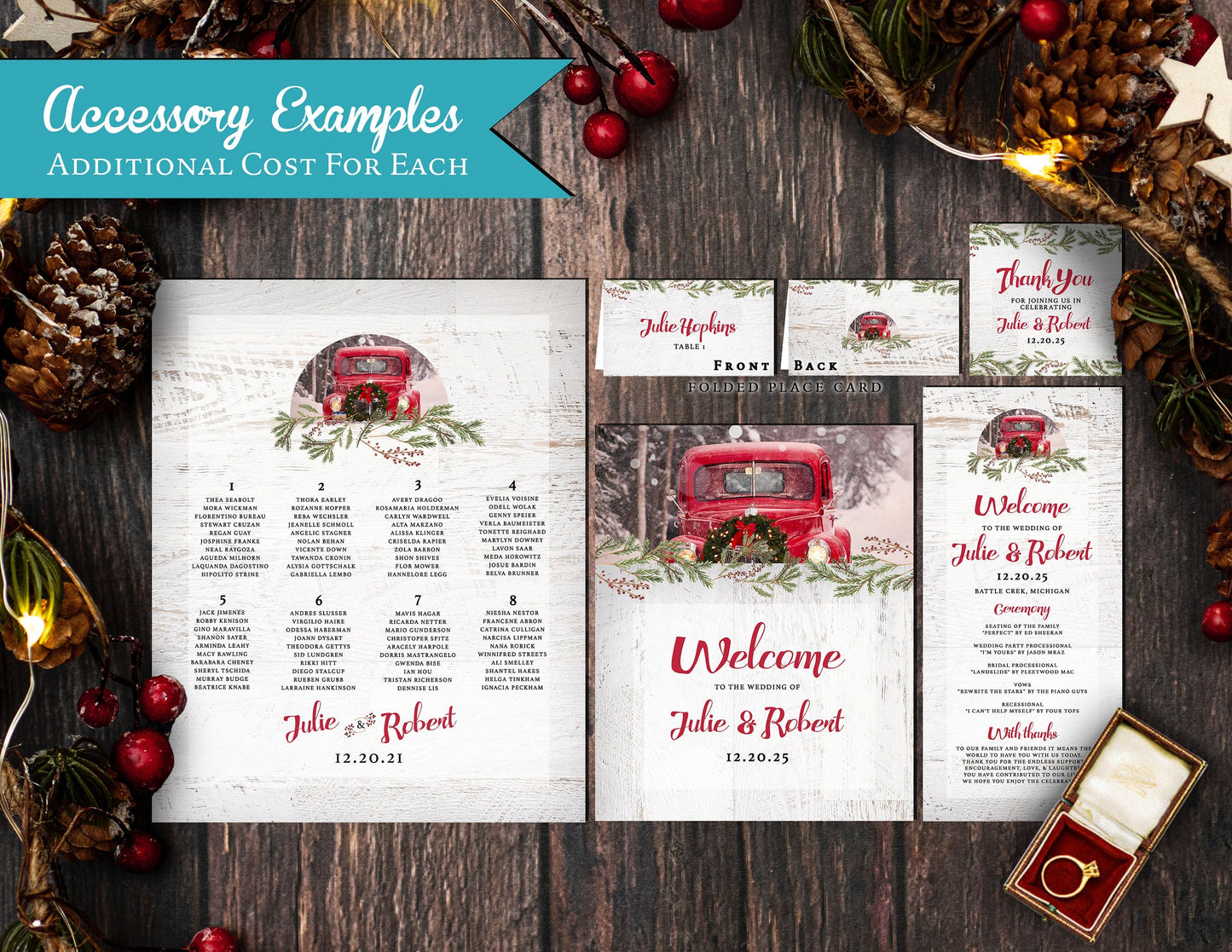 Rustic Winter Wedding Invitation – Vintage Red Truck, White Barn Wood, Wreath, Snow, Custom Printed with Envelopes Included