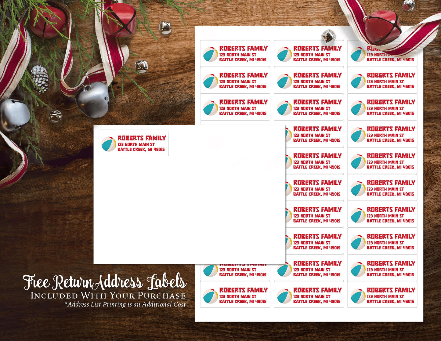 Personalized Tropical Christmas Photo Card - Surfing Palm Trees Double-Sided Print with Envelope Address Labels