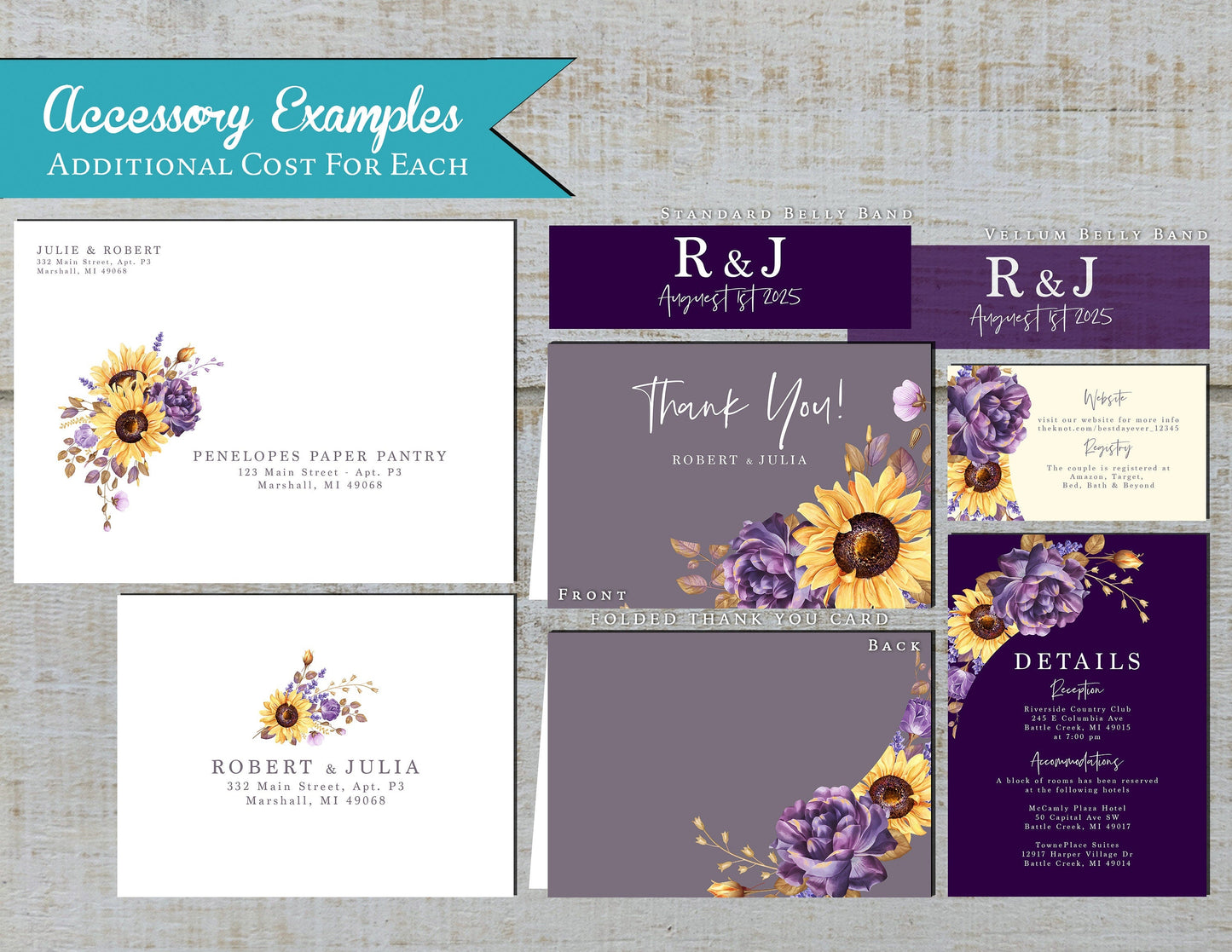 Sunflower & Purple Floral Wedding Invitation – Dusty Purple & Ivory Design – Personalized Printed Invitation, Set or Suite with Envelopes Included