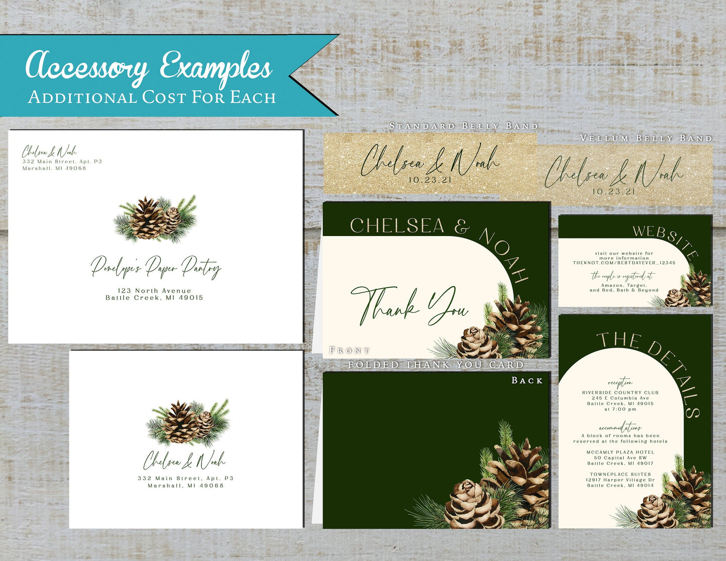 Elegant Winter Wedding Invitation – Arch Design, Dark Green & Gold – Pine Cones, Ivory, Personalized Shimmery Printed Invite with Envelopes